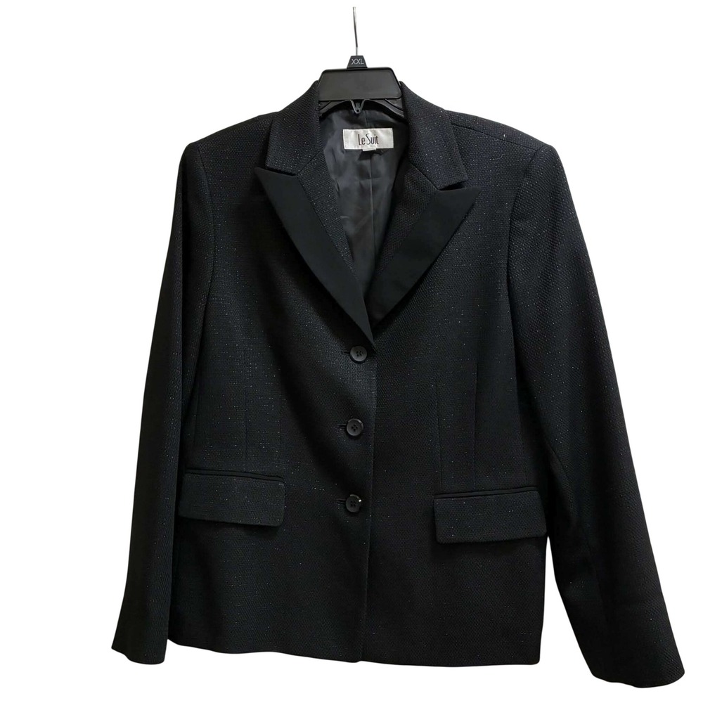 Le Suit Blazer Womens XXL Black Textured Shimmer Peak Lapel 3 Button Jacket